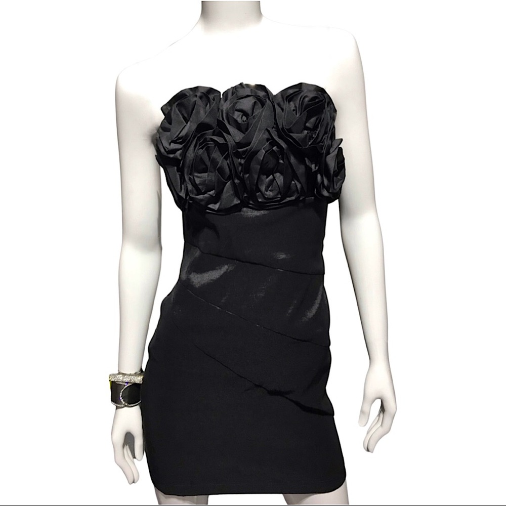 F21 Black Strapless Mini Dress with Rosette Ruffles on Bust